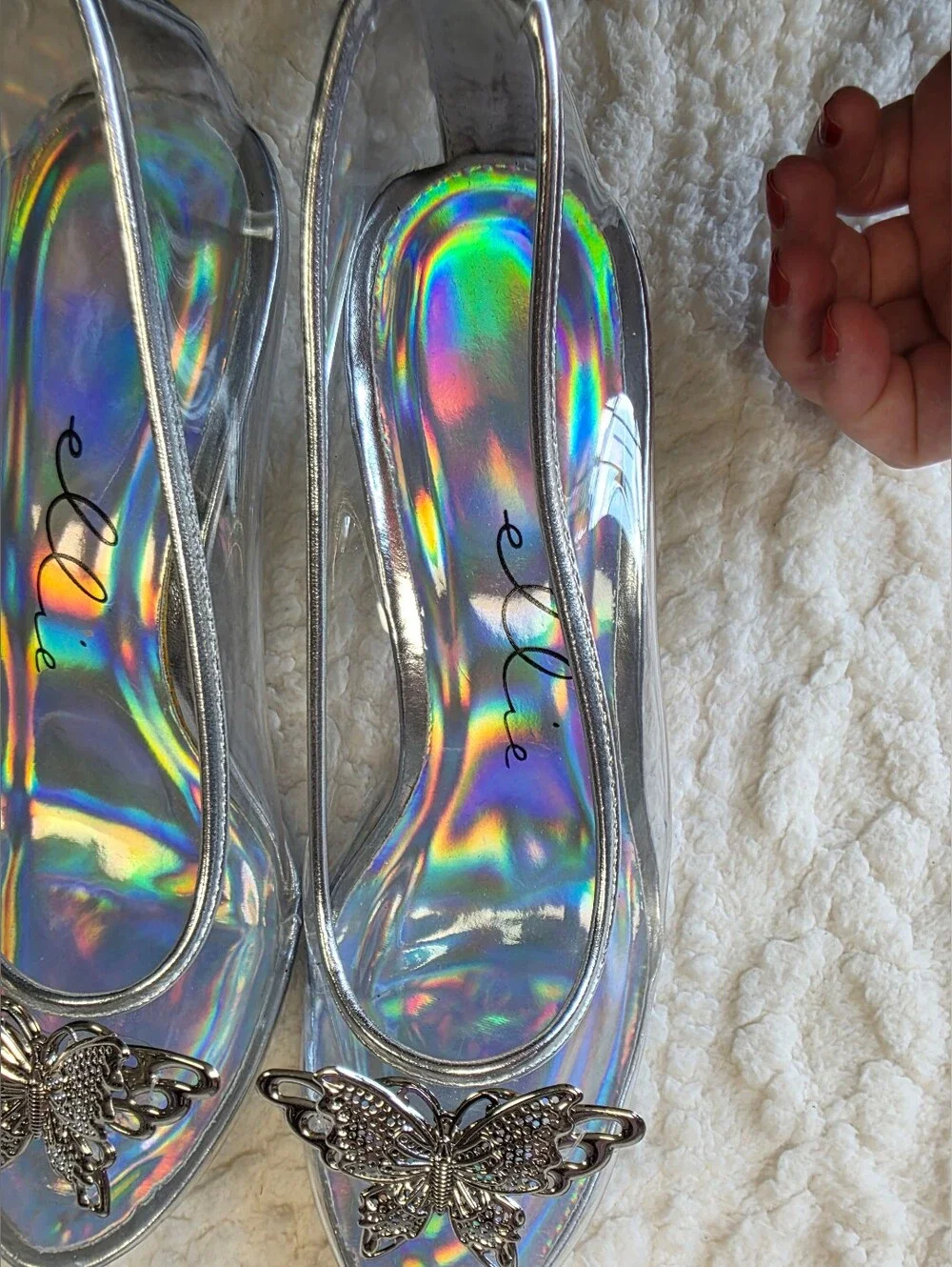 Ellie Silver Holographic Butterfly Clear Kitten Heels Size 7